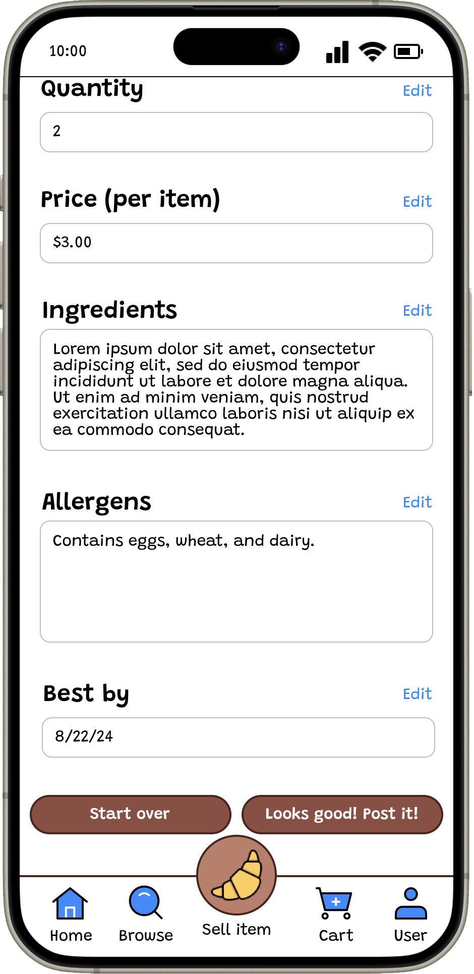 Bakery board item information form