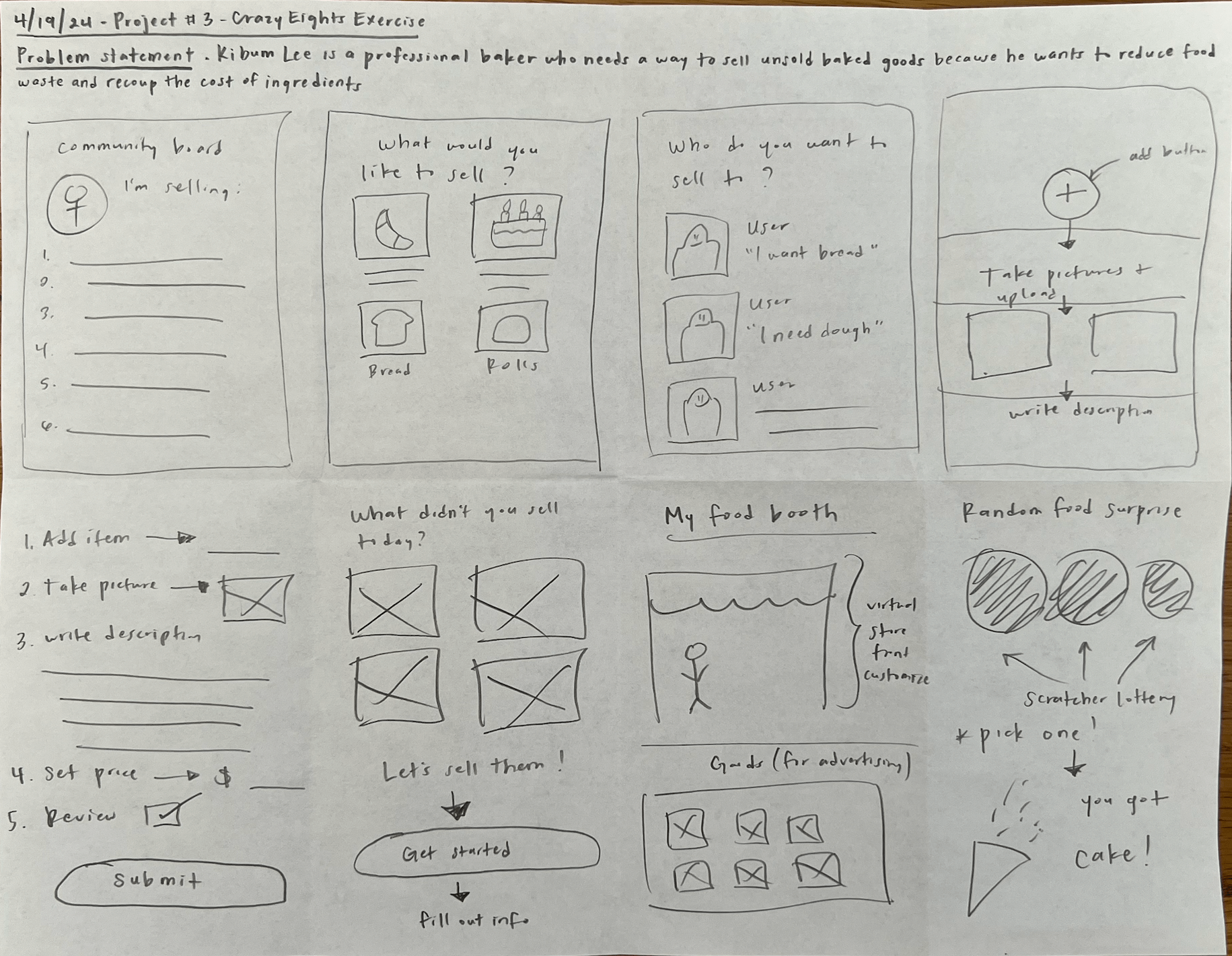 Crazy 8s exercise - various sketches of app screens