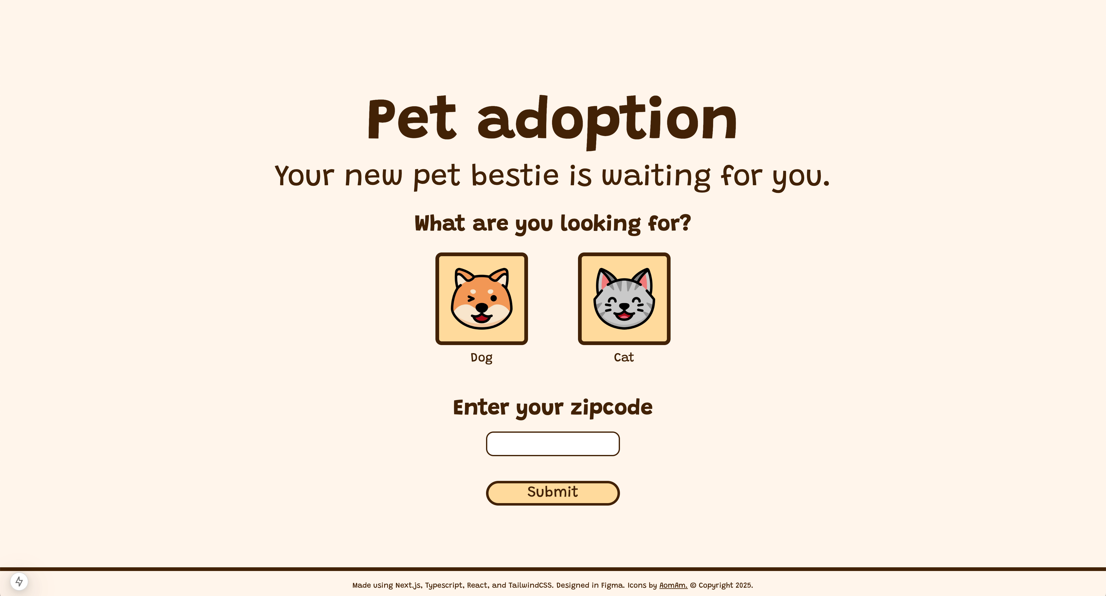 Pet adoption app homepage